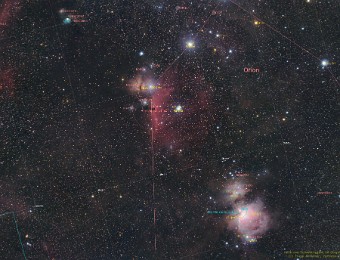 2021/02 Orions Hüfte annotated Auf diesem Übersichtsbild von Orions Hüftregion sind fünf Nebel zu sehen: M 78, Flammennebel (NGC2024), Pferdekopfnebel (IC434), Running Man Nebel (NGC1977) und...